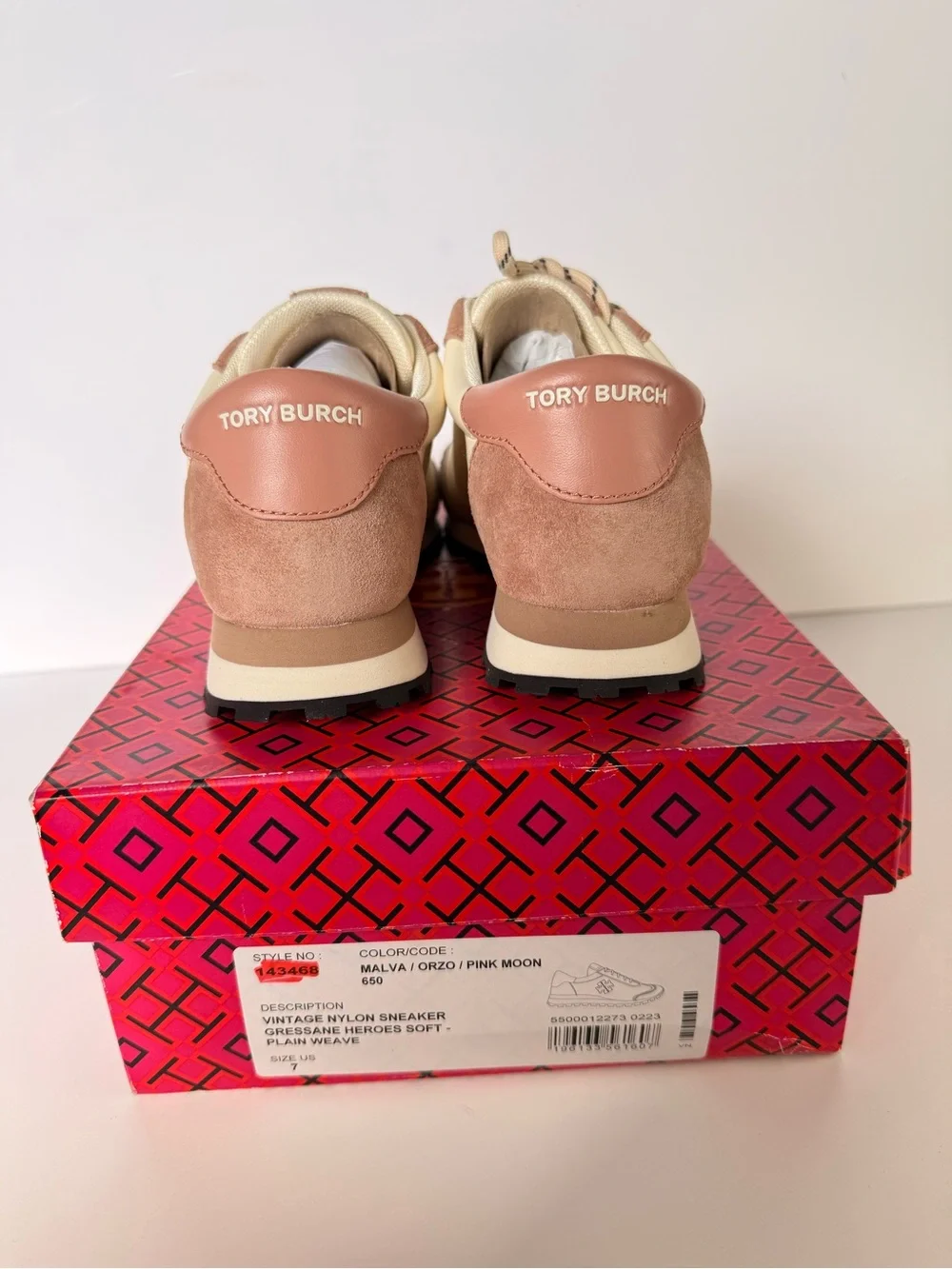 Tory Burch Vintage Nylon Sneakers Gressane Heroes Soft Malva Orzo Pink Moon SZ 7